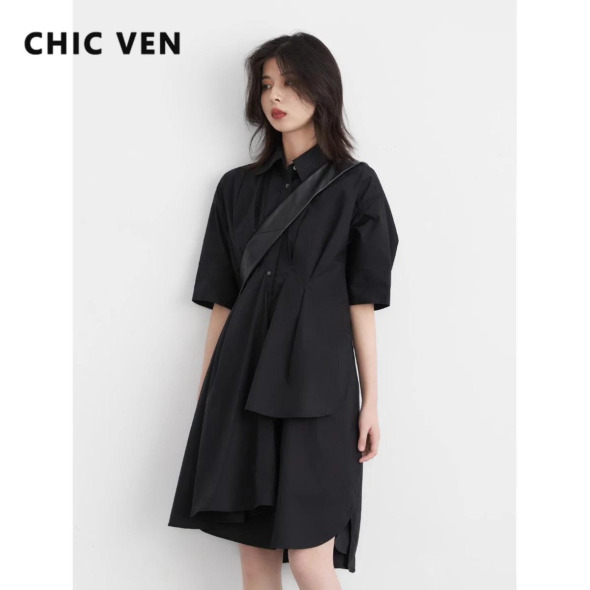 

CHIC VEN Women Dresses Short Sleeve Black New Design Irregular Waist Fold Shirt Dress for Girl A Line Office Lady Summer 2024