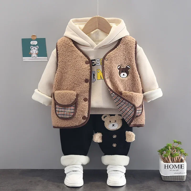 Boys\' and girls\' cartoon bear suit Children\'s hooded sweater three piece vest with plush thickened thermal sportswear