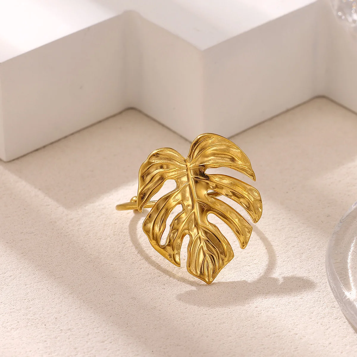 Minimalist Stainless Steel Monstera Leaf Rings For Women Gold Color Adjustable Open Ring Trendy Casual Dating Jewelry