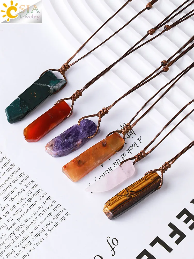 CSJA Healing Crystals Necklaces Irregular Natural Stone Slice Pendant Necklace Pink Quartz Labradorite Tiger Eye Jewelry H090