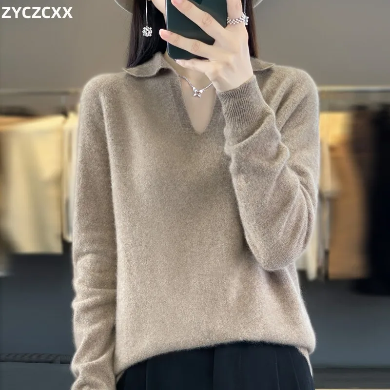 100% Merino Wool POLO Neck Sweater For Women 2023 Autumn/Winter New Thick Sweater Jacket For Women Solid Color Knit Pullover