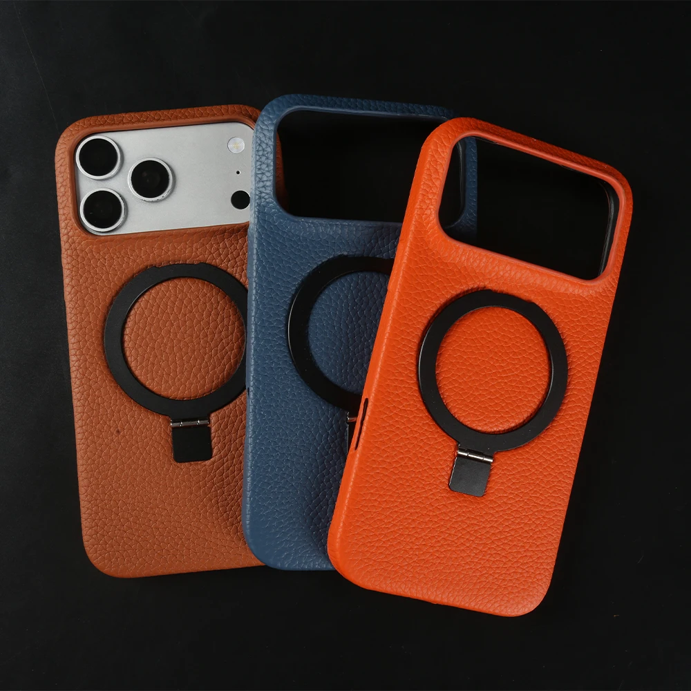 

Magnetic Genuine Leather Case For iphone 14 15 16 17 Pro Max 17e 16e 13 Mini 12 Air Phone Case Back Cover Foldable Bracket Ring