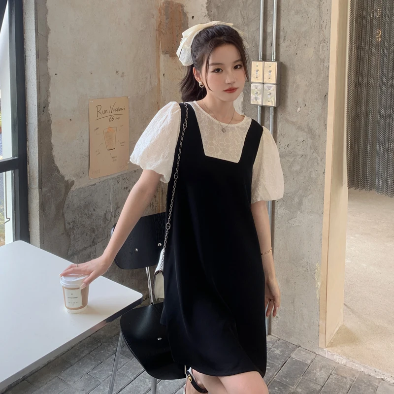 Maternity Faux Two Pieces Dresses Short Sleeve O-Neck Lace Patchwork Black White Pregnant Woman A-Line Dress Elegant Clothes