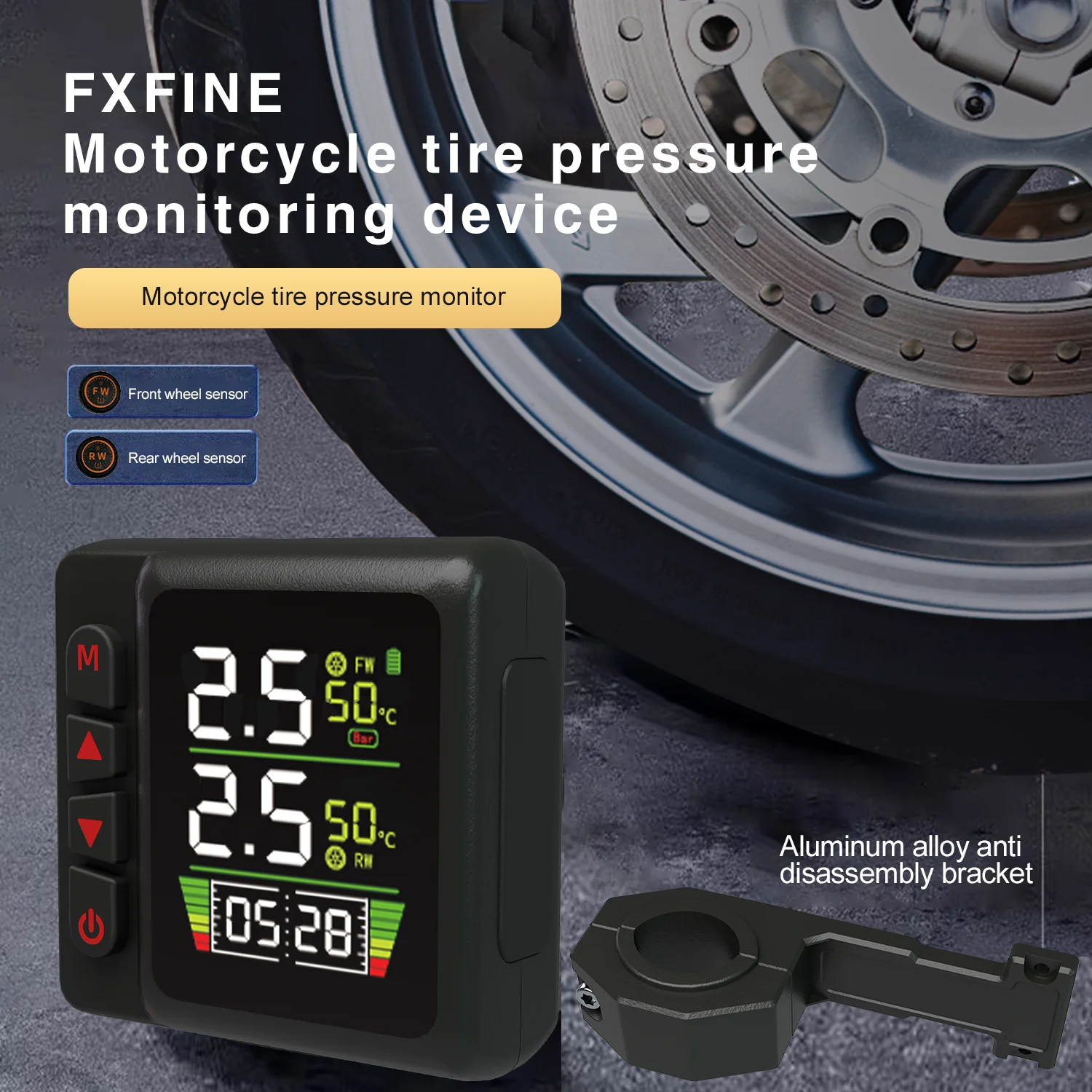 Motorcycle TPMS Tire Pressure Monitors Temperature Monitoring Alarm System Clock QC3.0 USB Fast Charging for Phone Waterproof