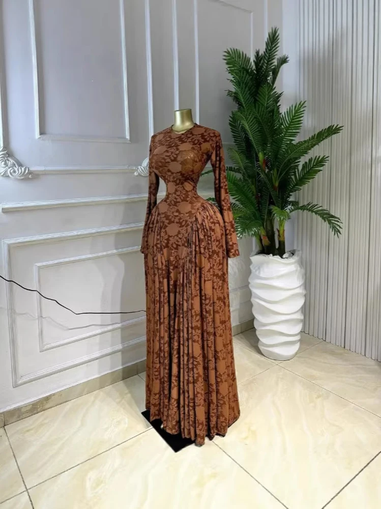 Luxuriöses Damen-Maxikleid mit elegantem Design, Print und Mesh, zweiteiliges Set mit Unterkleid, Urlaubs- und Strandstil, langärmlig – Detail 9
