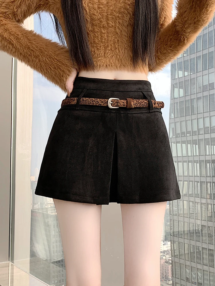 

Ретро-юбка из замши женская зимняя с завышенной талией, А-силуэт, с поясом, облегающая, повседневная, для женщин