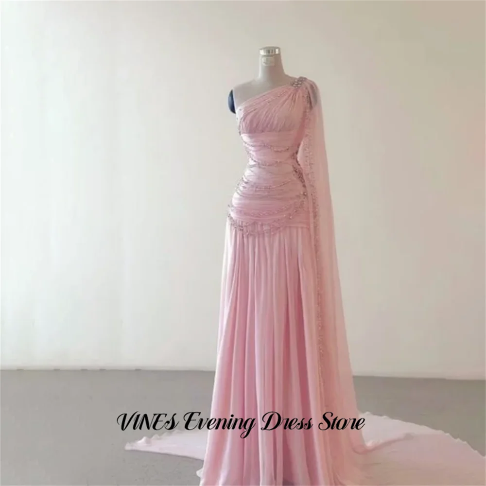 VINES Pink Evening Dresses One Shoulder Formal Dresses with Beaded Chain Prom Gown Pleated Chiffon robes du soir Customized