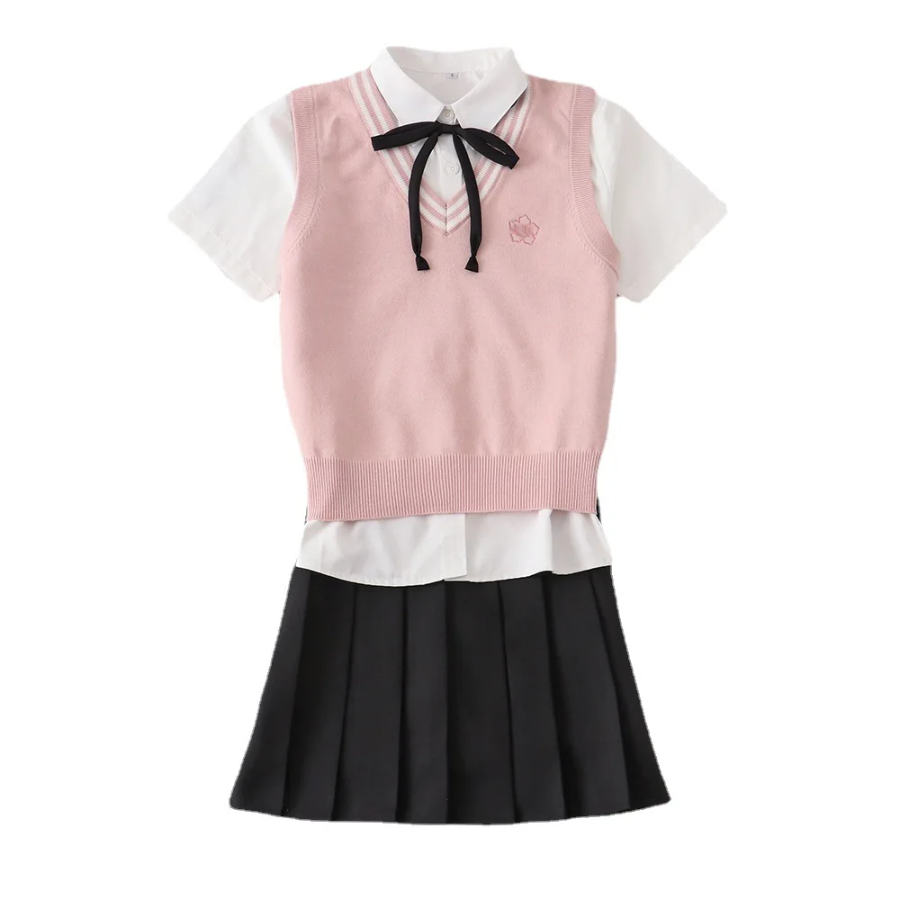 Adult Women Japanese Korean Student JK Uniform Suits Autumn And Winter Shirt + Sweater Vest + Pleated Skirt Girls School Dresses