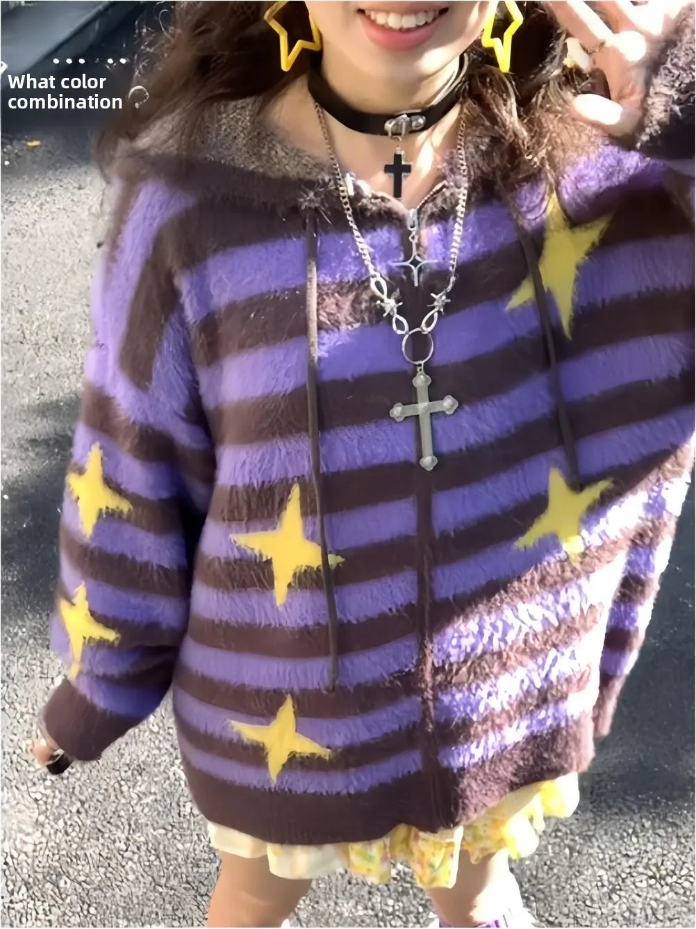 

Loose Fit Purple Striped Knitted Hoodie Women's Autumn Winter New Style Zipper Closure Casual Comfortable Breathable Top