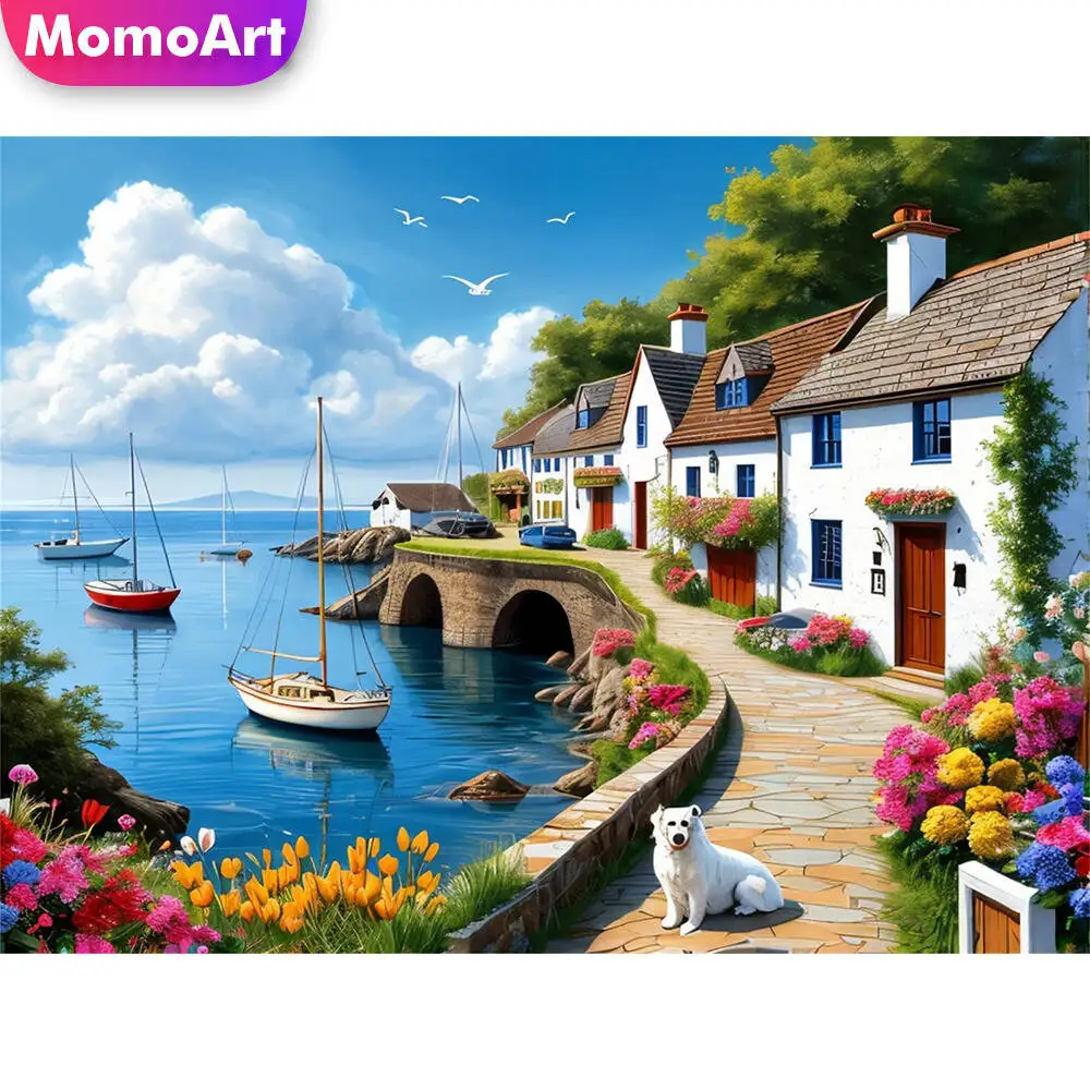 Momoart DIY Town Diamond Painting House Landscape Pattern For Adults Beginners Seaside Diamond Mosaic Street Child Gift
