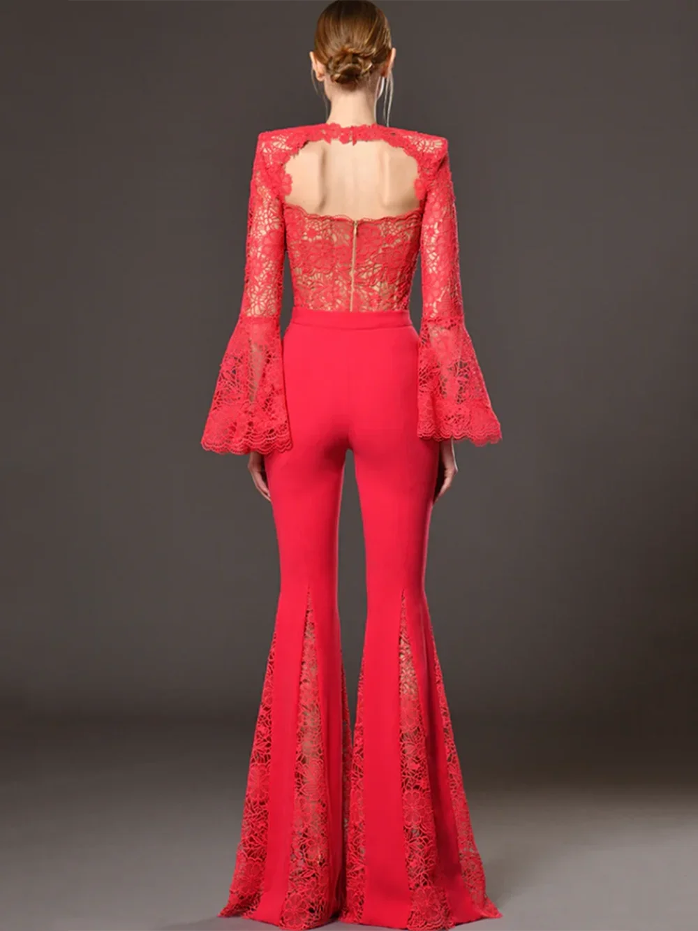 Women Red Red lace flared pants Full Length Jumpsuit Sexy Perspective Lace Splicing Fashion Celebrity Party Jumpsuits