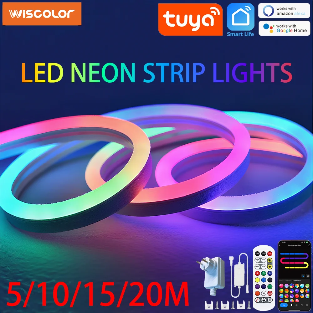 

Wiscolor WIFI RGBIC LED неоновые ленты 24 В, водонепроницаемые, синхронизация с музыкой, голосовое управление, поддержка TUYA, Smart Life, Alexa, Google Assistant, для украшения комнат и уличных вечеринок