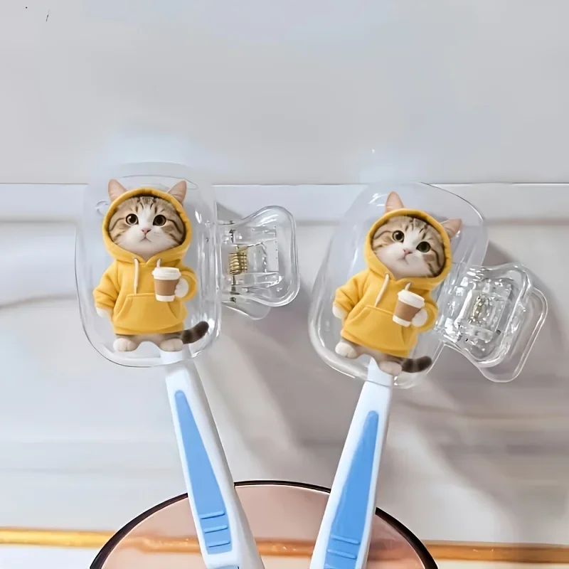 2pcs Tabby Cat Wearing Yellow Sweatshirt Holding Coffee Portable Toothbrush Case Worry-free Companion for Home and Business Trip
