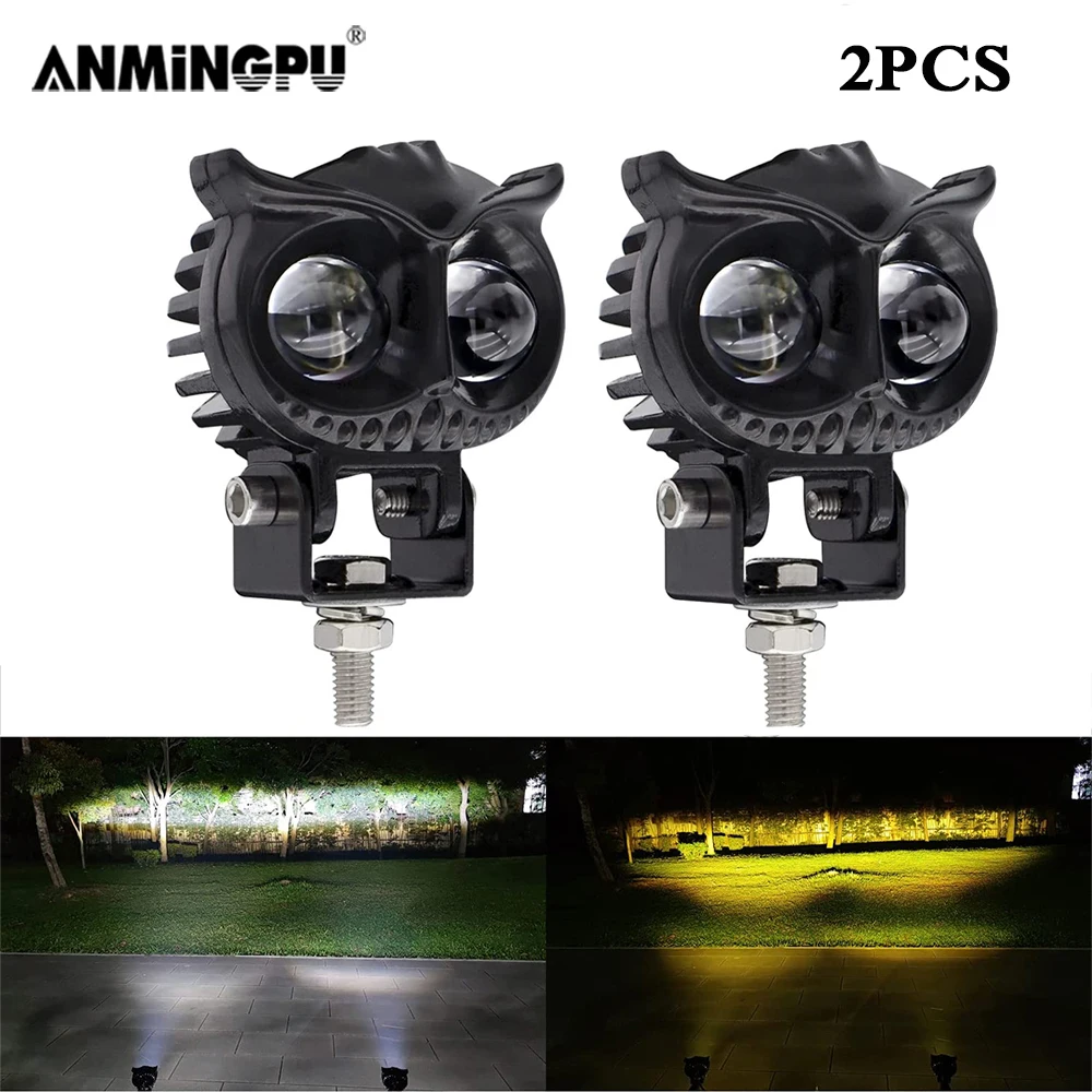 ANMINGPU 2PCS Motorcycle Headlight Bicolor LED Spotlight With Control Switch Dual Color ATV Scooter Driving For Racer Spotlight