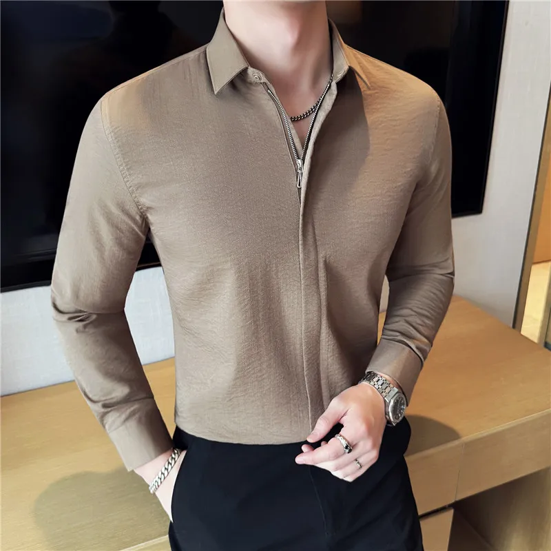 

British Style Zipper Shirt Men Long Sleeve Slim Fit Casual Business Dress Shirts Streetwear Social Party Tuxedo Blouse 2025