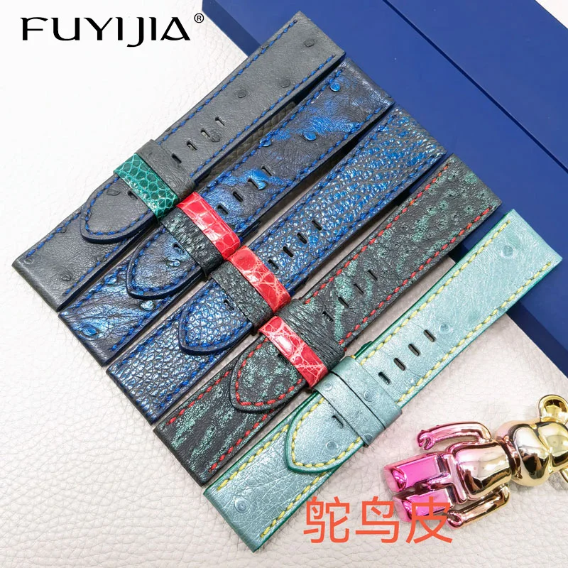 FUYIJIA Luxury Custom P-anerai Watch Band Ostrich Skin Watchbands Top Genuine Leather Belt 26MM 24MM 22MM 20MM Handmade Strap