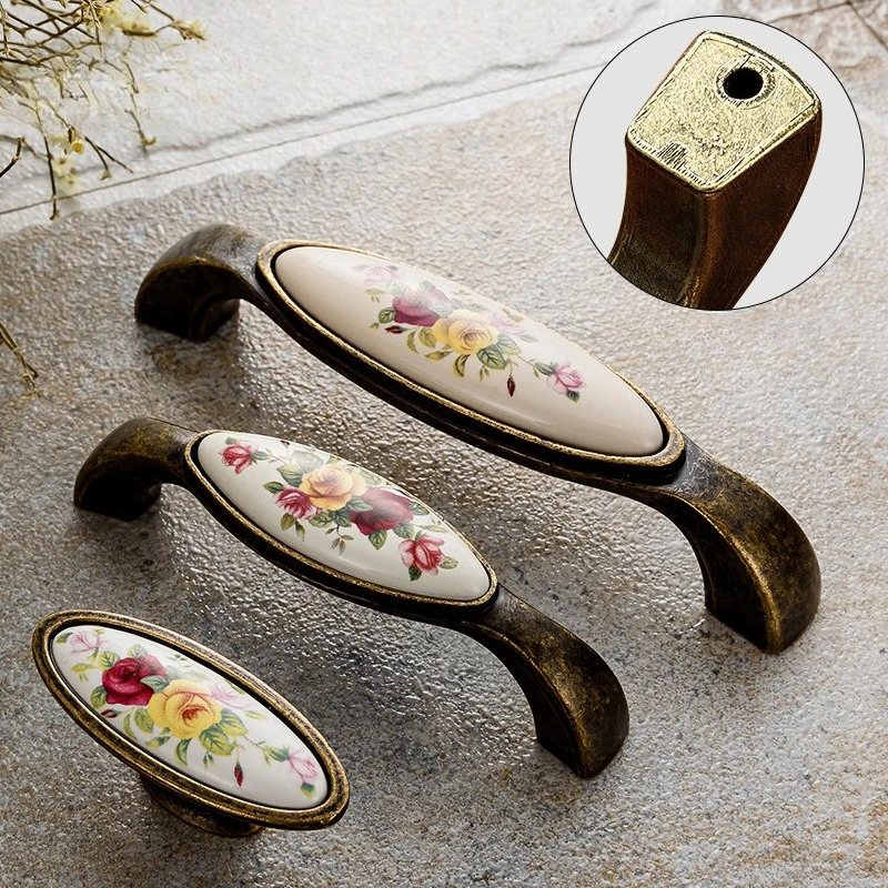 New Chinese Style Ceramic Flower Handles for Cabinets and Drawers Kitchen Cabinet Drawers Handles for Furniture Bronze Handles