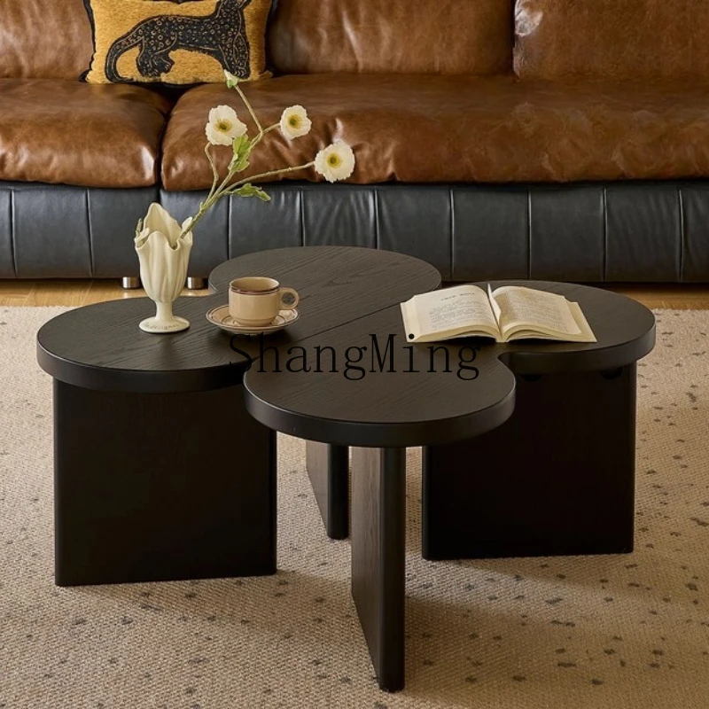 

FG antique solid wood coffee table combination retro home living room black small apartment side table