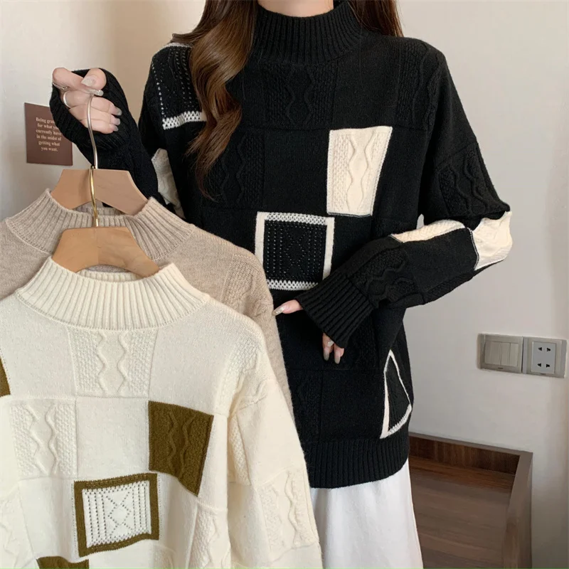 

2023 New Arrival Autumn Fashion Women Casual Loose Fit Mock Neck Long Sleeve Pullovers Plaid Print Knitted Sweater V839