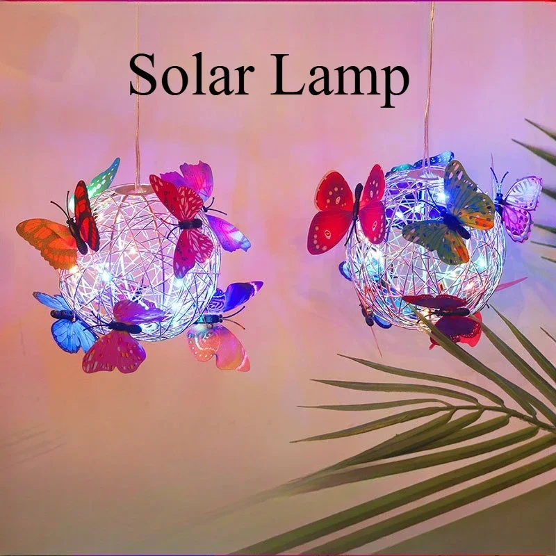 Garden Hanging Solar Light Round Ball Light With Butterfly Waterproof Metal Weaving Hanging Lamp Home Decorative Nightlight