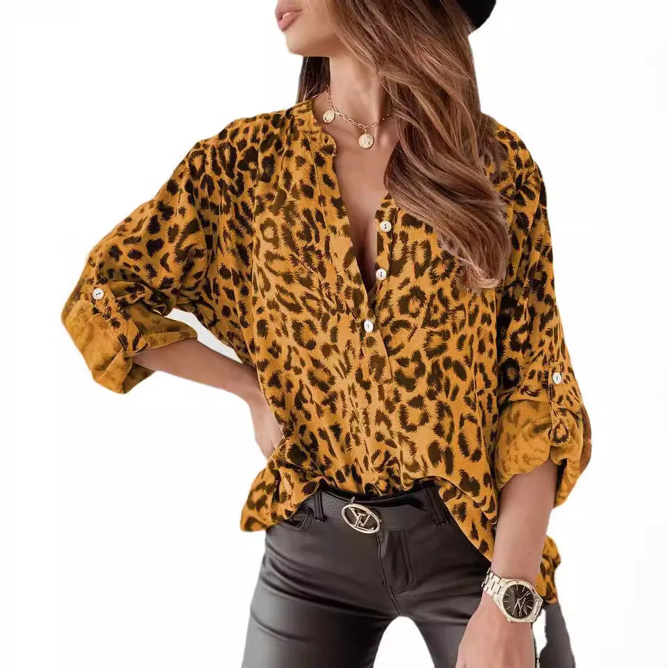 Set Leopard Chiffon Shirts Long Sleeve Loose V-Neck Casual Blouse Sexy Casual temperament Office Lady Daily Work Blouse Clothes
