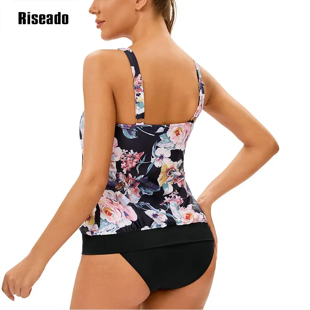 ملابس سباحة تانكيني مكونة من قطعتين للنساء، ملابس سباحة متواضعة للتحكم في البطن، ملابس سباحة فضفاضة ومطبوعة بالزهور