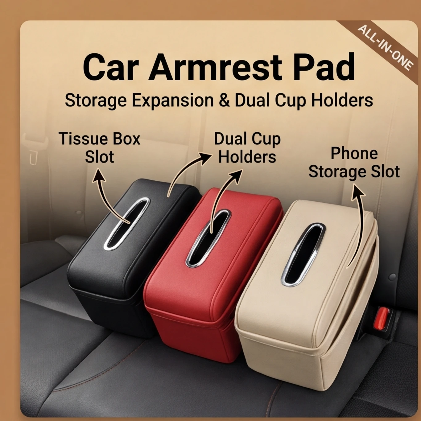 

Car Armrest Console Organizer, 4 in 1 Storage Box with Cup Holder, Tissue Holder & Heightened Cushion Pad