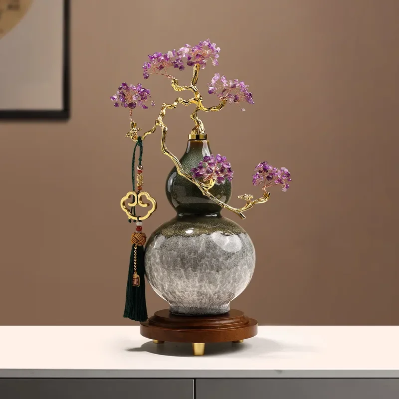 New Chinese Crystal Fortune Tree Ceramic Gourd Ornament High End Living Room Wine Cabinet Bogu Rack Decor