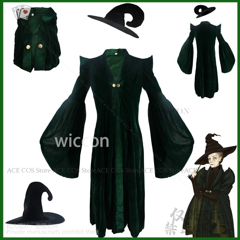 Anime Movie Professor Minerva Cosplay Costume Dark Green Dress Robe Cape Hat Velvet Cosplay Costume Halloween Carnival Suit