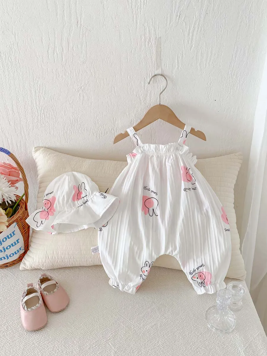 Summer baby girl sweet bow cute rabbit jumpsuit, baby sling thin jumpsuit delivery hat, very suitable for travel wear