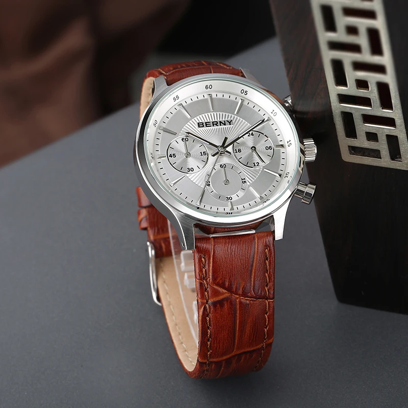 Quartz Sport Watch for Men Luxury VD54 Best 24H Chronograph Watches Fashion Waterproof Genuine Leather Strap Wristwatch Men