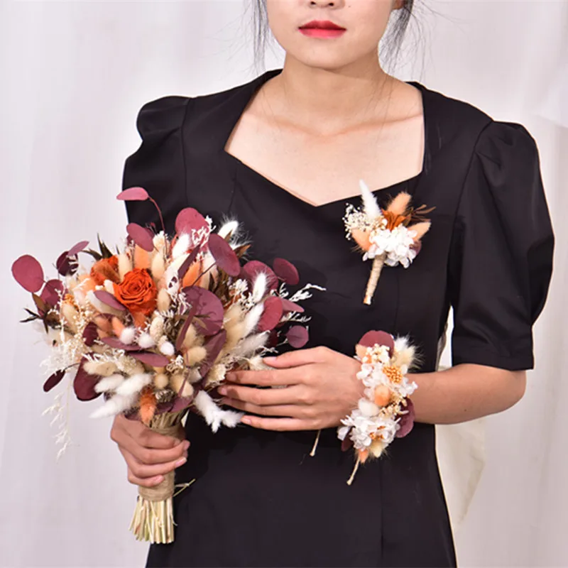 Bridal Bridesmaid Wedding Flower Bouquet Artificial Rose Flower Natural Dried Pampas Grass Flowers Wedding Centerpieces Decor