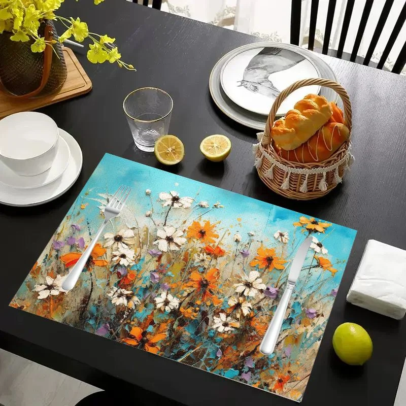 sousplats-florais-vikama-wild-daisy-com-pintura-a-Oleo-impressionista-tapete-de-mesa-com-fundo-azul-lavavel-para-decoracao-de-cozinha-e-sala-de-jantar