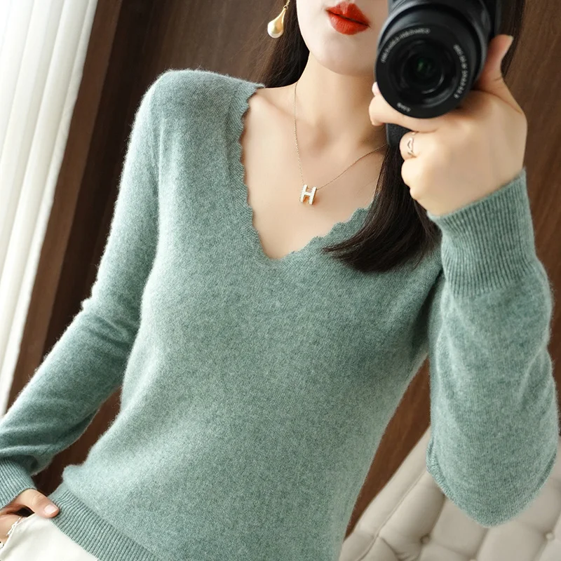 Women's Pullover Spring/Autumn Wool Sweater Casual Solid Color Knitwear Ladies' Clothes V-Neck Blouse Loose Tops