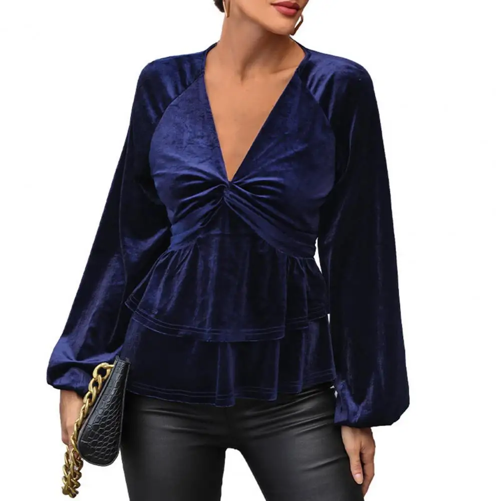 

Pleated Shirt Velvet V Neck Shirt for Women Ruched Bust Slim Waist Long Sleeves Blouse Spring Fall Solid Color Ladies Top Solid