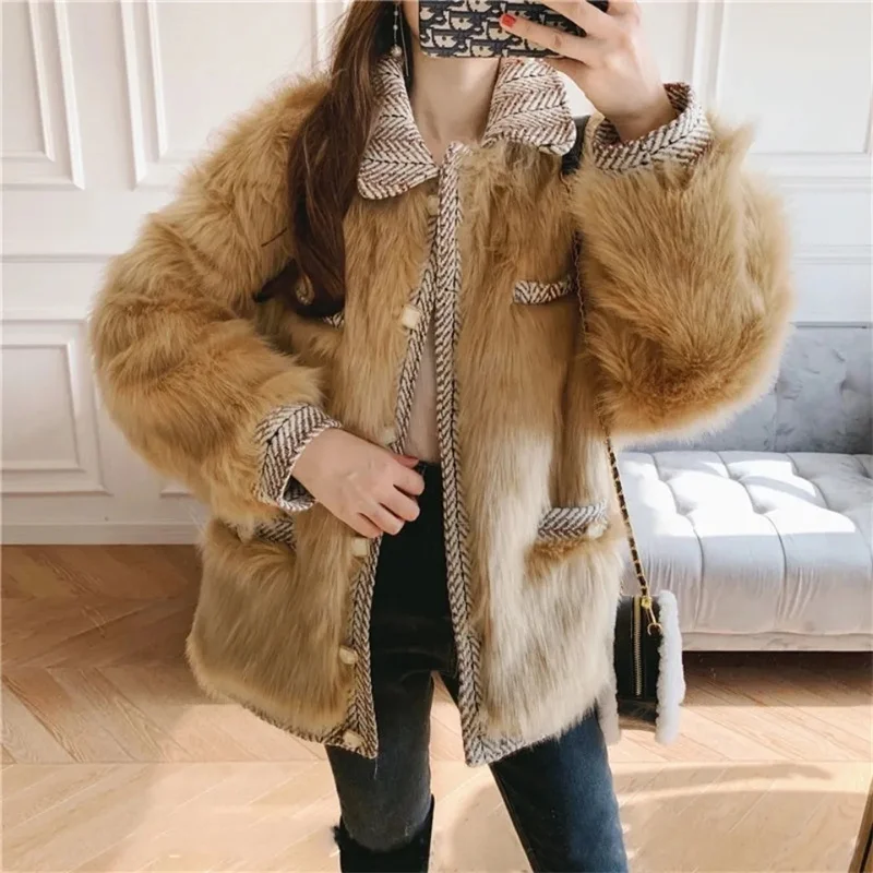 Automne hiver femme Patchwork fausse fourrure manteau 2025 femmes nouveau manches longues fourrure veste coréenne dames mode épaissir vêtements d'extérieur en peluche