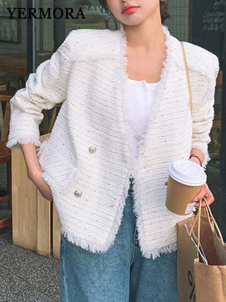 

YERMORA белая повседневная куртка с кисточками и пуговицами для женщин, свободное новое пальто с v-образным вырезом и длинными рукавами, модное пальто, весна-осень 2025