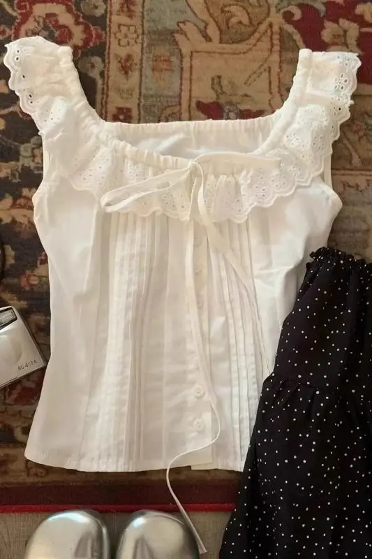 

​​Lace Square Neck Pleated Sleeveless Top White Summer Blouse 2025 Designer Boutique Style Vest Shirt​​