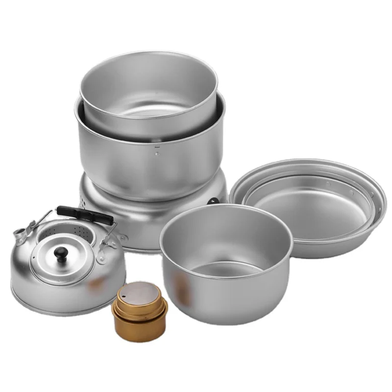 

Outdoor Aluminum Alloy Camping Pot Set with Alcohol & Storm & Card Stove Frying Pan Cookware