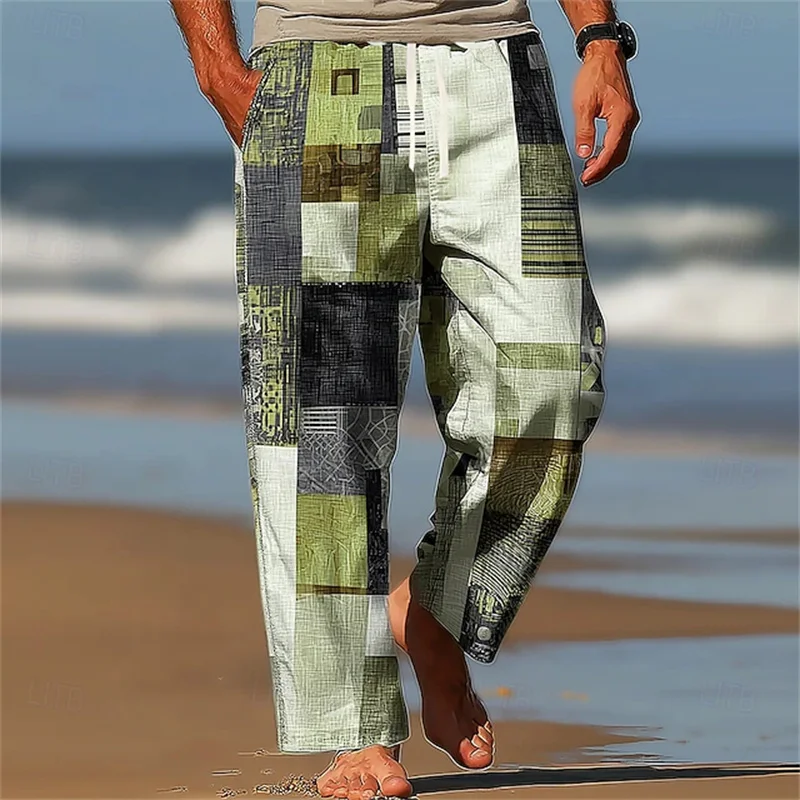 

2025 Summer Men's Casual Drawstring Wide-Leg Pants 3D Vintage Patchwork Print Beach Vacation Relaxed Straight-Leg Pants