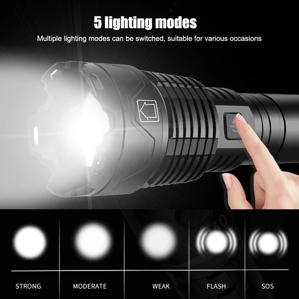 IPX4 Waterproof Flashlight XHP160 LED High Power Tactical Torch 5 Modes USB Rechargeable Lantern Emergency Spotlights