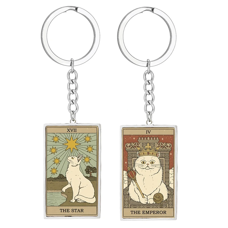 لطيف القط التارو بطاقة قلادة سلاسل المفاتيح خمر مستطيل الايبوكسي الفولاذ المقاوم للصدأ مفتاح سلسلة كيرينغ الحيوان العرافة مجوهرات