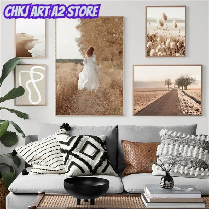 Autumn Beach Grassland Landscape Wall Art Nordic Reed Canvas Dry Grass Painting Girl Country Poster Home Decoration