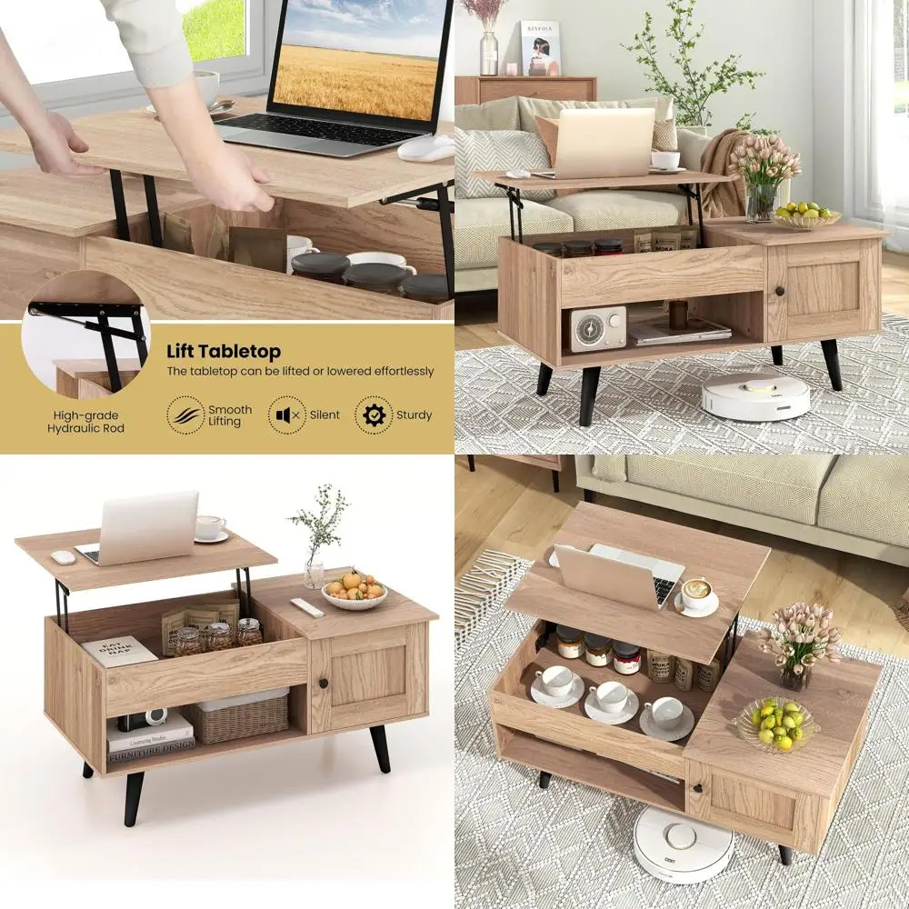 

Elegant Coffee Table with Lift Top, Hidden Storage, Open Shelf & Cabinet, Wooden Lip, Pull-up Option for Home Office, Living Roo