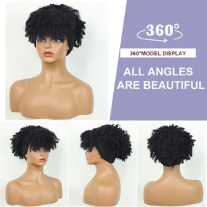 Afro Kinky Curly Headband Perucas, peruca curta cachecol macio com Franja, Afro sintético natural, peruca cabeça banda, Cosplay 10 principais vendas peruca organica ondulado - №8