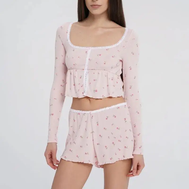 レースフローラルホームスーツセット-レディース-ロングスウェットショーツ-快適な寝間着-秋の季節に最適-クラシックなノーブランドデザイン