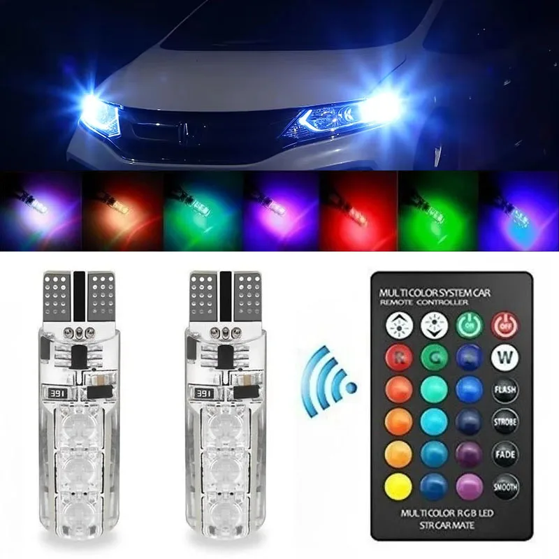 2PCS T10 RGB LED Clearance Lights Bulb-6SMD 5050 CANbus Car With Remote Controller Flash Reading Wedge Light Clearance Lights