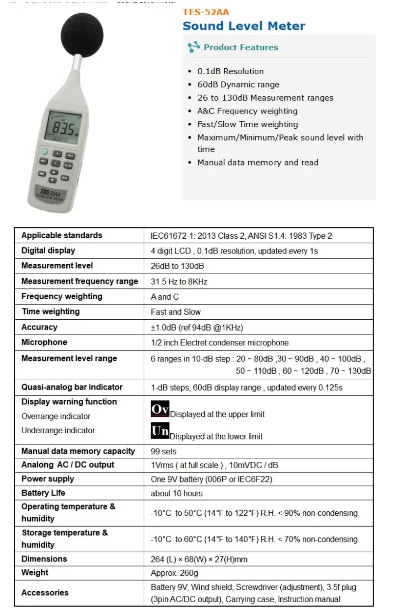 TES-52A/TES-52AA High Precision Digital Sound Level Meter Noise Meter 0.1dB Reso