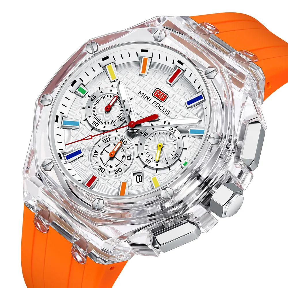 MINI FOCUS Men's Sports Quartz Watches with Orange Silicone Strap Chronograph Fashion Waterproof Luminous Wristwatch with Calend - view 2