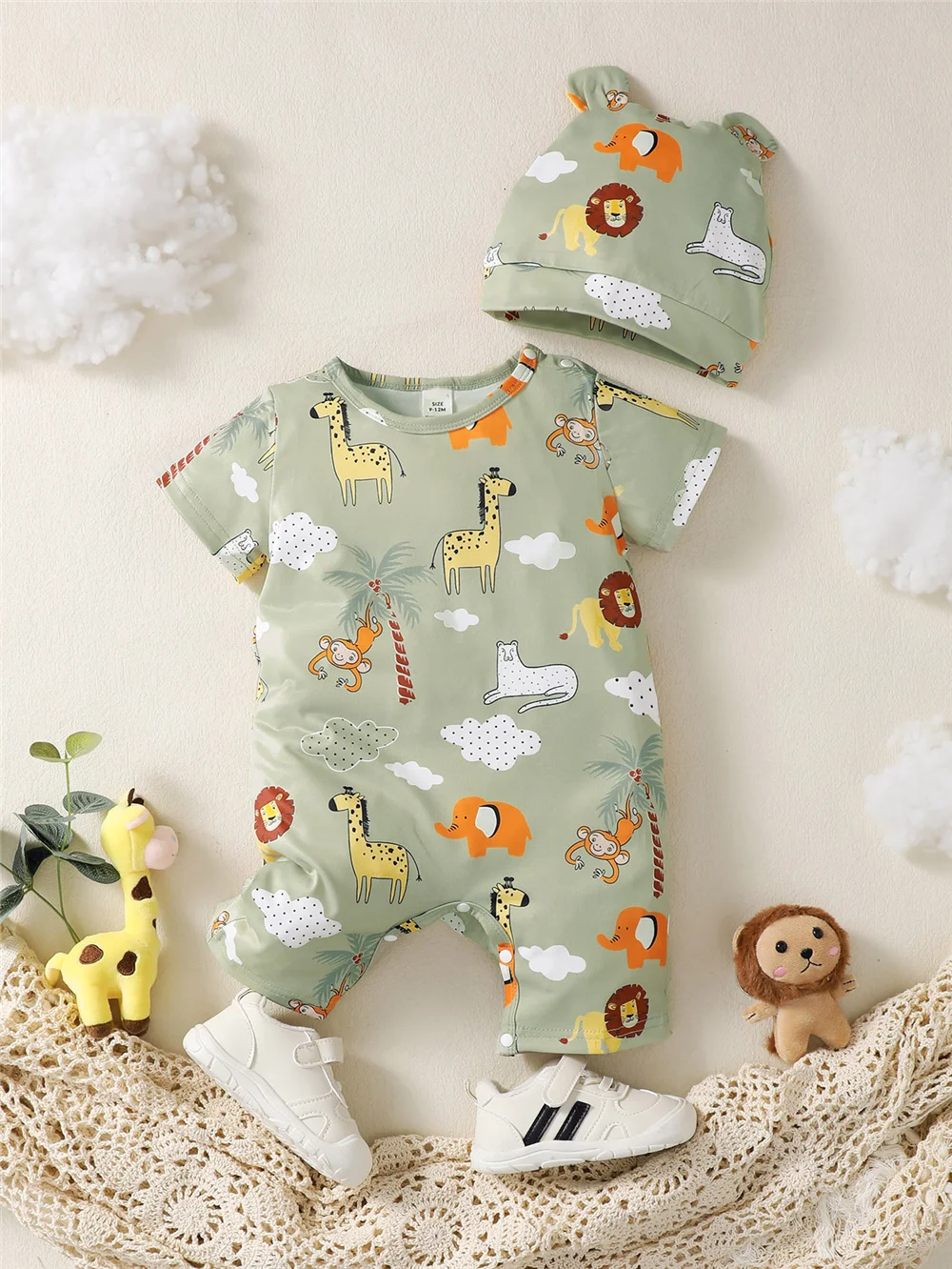 0-2 Years Newborn Baby Boy Bodysuit with Hat Cartoon Animal Print Short Sleeve Romper Summer Cute Toddler Boy Jumpsuit Clothing